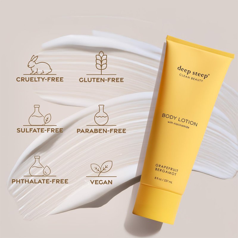 Deep Steep Body Lotion, Grapefruit Bergamot, 8 oz – Moisturizer with Coconut Oil, Shea Butter, Argan Oil, Aloe Vera & Niacinamide – Vegan, Clean Beauty, Daily Skin Hydration