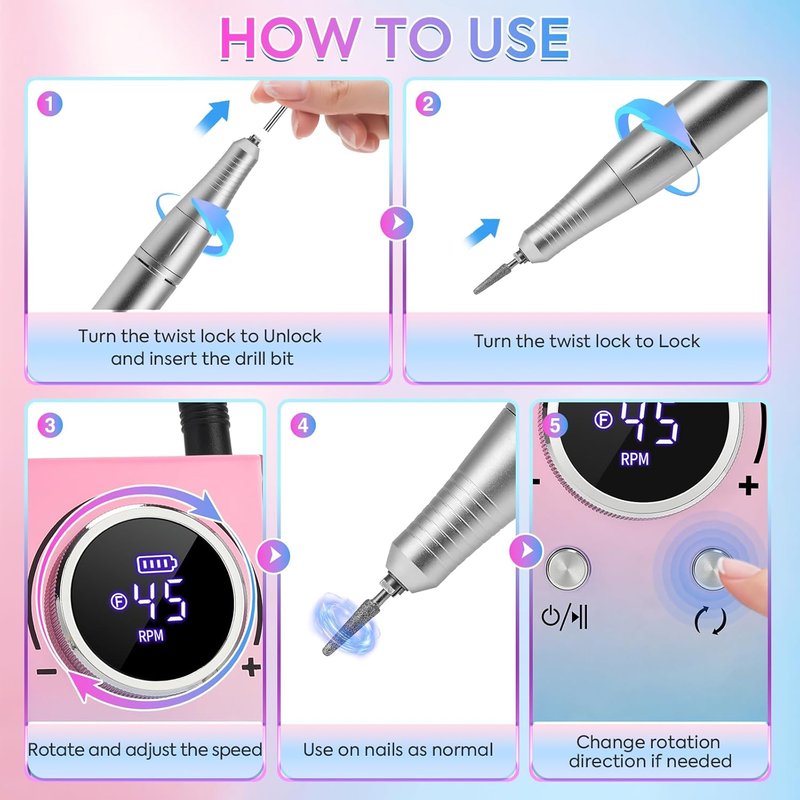 Electric Nail Drill Professional 45000RPM, Portable Cordless Nail File for Acrylic & Gel Nails, Rechargeable E-File Machine with 7 Drill Bits, 56 Sanding Bands & Base, for Salon or DIY Home (Gradient)