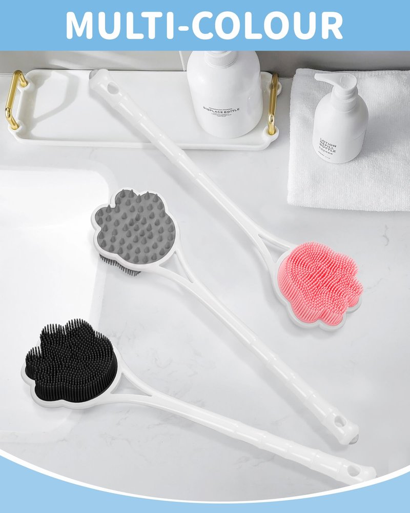 Manmihealth 15.7" Cute Silicone Body Scrubber & Soft Shower Brush Face Scrubber Set (3 PCS), Paw-Shaped Silicone Back Brush & Body Facial Scrubber with Super-Soft Bristles Combination(GraySet)