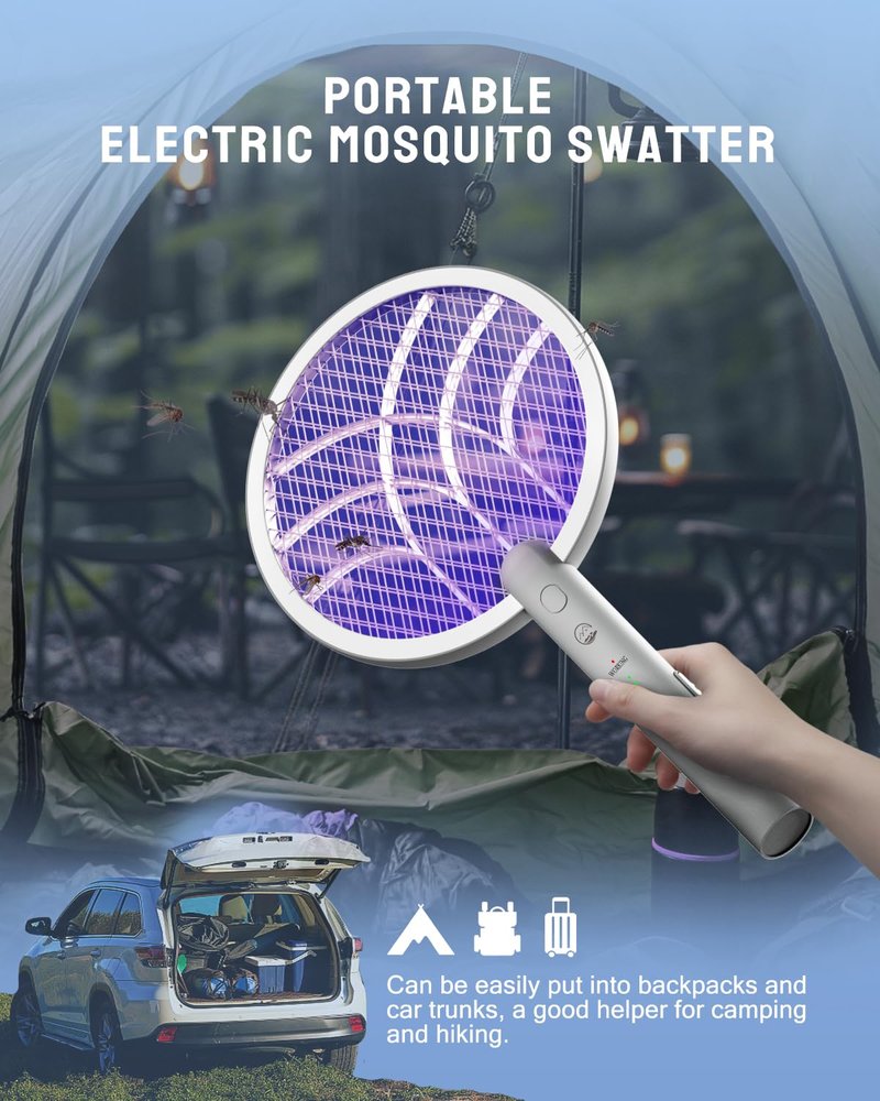 Mosiller Electric Fly Swatter Racket, 4000V Bug Zapper with 1800mah Rechargeable Battery & Dual Modes, 2 in 1 Purple Mosquito Light Killer with 3-Layer Safety Mesh for Indoor Home Patio Camp(1 Pack)