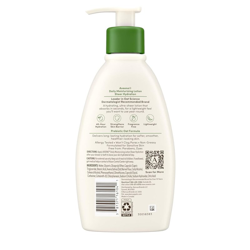 Aveeno Daily Moisturizing Lotion - Fragrance-Free Hydration with Prebiotic Oat for Dry Skin | Lightweight, 12 fl. oz