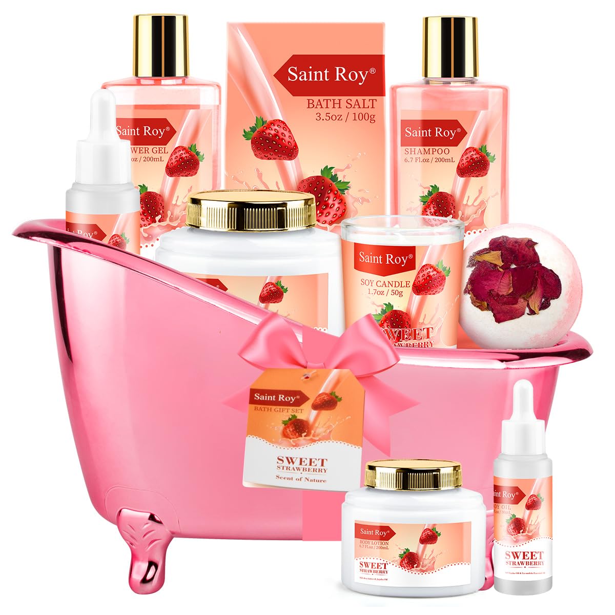 Spa Gift Basket, Spa Kit for Women, Bath & Body Gift Set, Home Spa Bath Gift Basket, Strawberry Scented Bath Set Christmas Gifts, Pamper Kit for Girls & Teens, Birthday Gift, Bath Self Care Gift