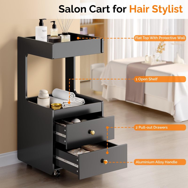 Salon Trolley Cart, Esthetician Cart with 2 Drawer & 2 Trays, 2 Lockable Wheels Hair Styling Station, Tool Organizer Storage Cabinet for Beauty Spa Barbershop, Black