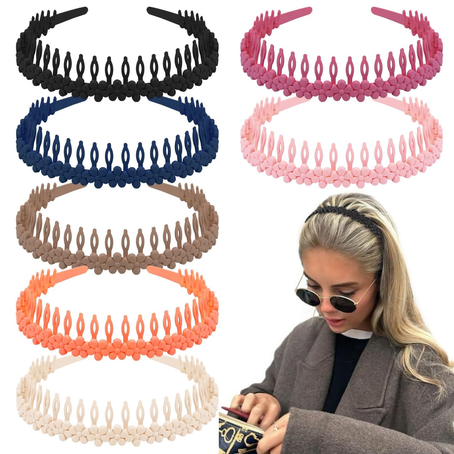 WOVOWOVO Flower Zig Zag Headbands - Non-Slip Floral Hair Accessories | 7-Pack for Women