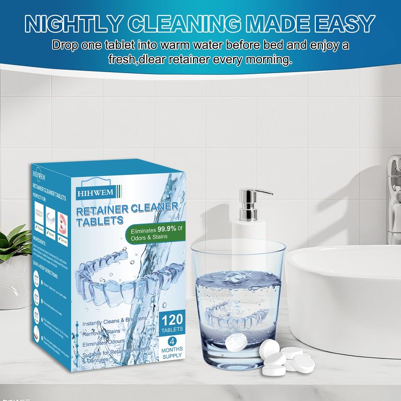 Retainer Cleaner Tablets, Denture Cleaner Effervescent Tablets - 120 Count, 4 Month Supply, Remove Stains & Odors for Clear Aligners, Night Guards, Mouthguards, Non-Abrasive, Bleach-Free