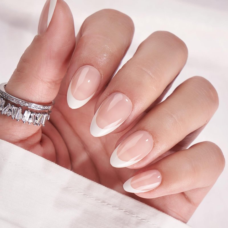 BTArtbox Press On Nails Short - Almond French Tip Press On Nails with Glue for Women, Soft Gel Glue On Nails in 16 Sizes - 32 Stick On Nails Kit, White French