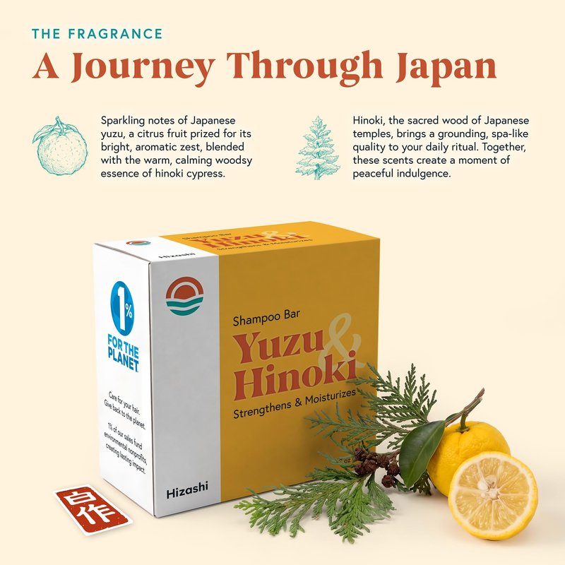 hizashi All Natural Shampoo Bar with Organic Shea, Cocoa Butter & Argan Oil, Strengthens & Moisturizes, Paraben, Sulfate & Silicone Free - Vegan & Cruelty Free, Made in USA - Yuzu & Hinoki