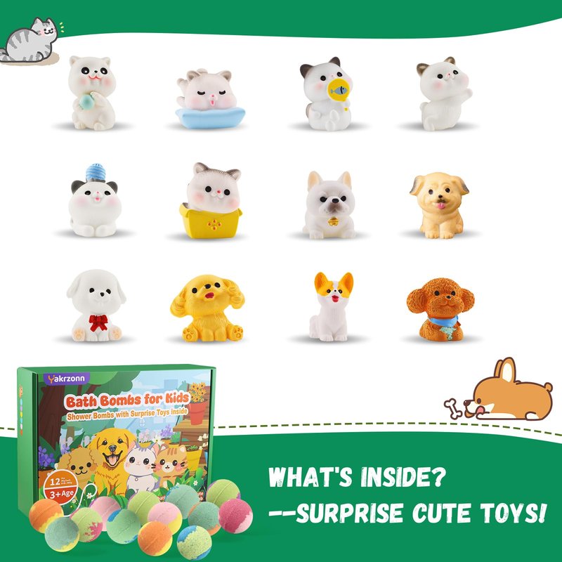 Bath Bombs for Kids with Surprise Toys Inside, 12 Pcs Kids Bath Bombs with Cat Dog Toys, Natural Safe Bathbombs for Moisturizing Sensitive Skin, Fun Bubble Bath Fizzies Gift for Boys Girls Toddlers