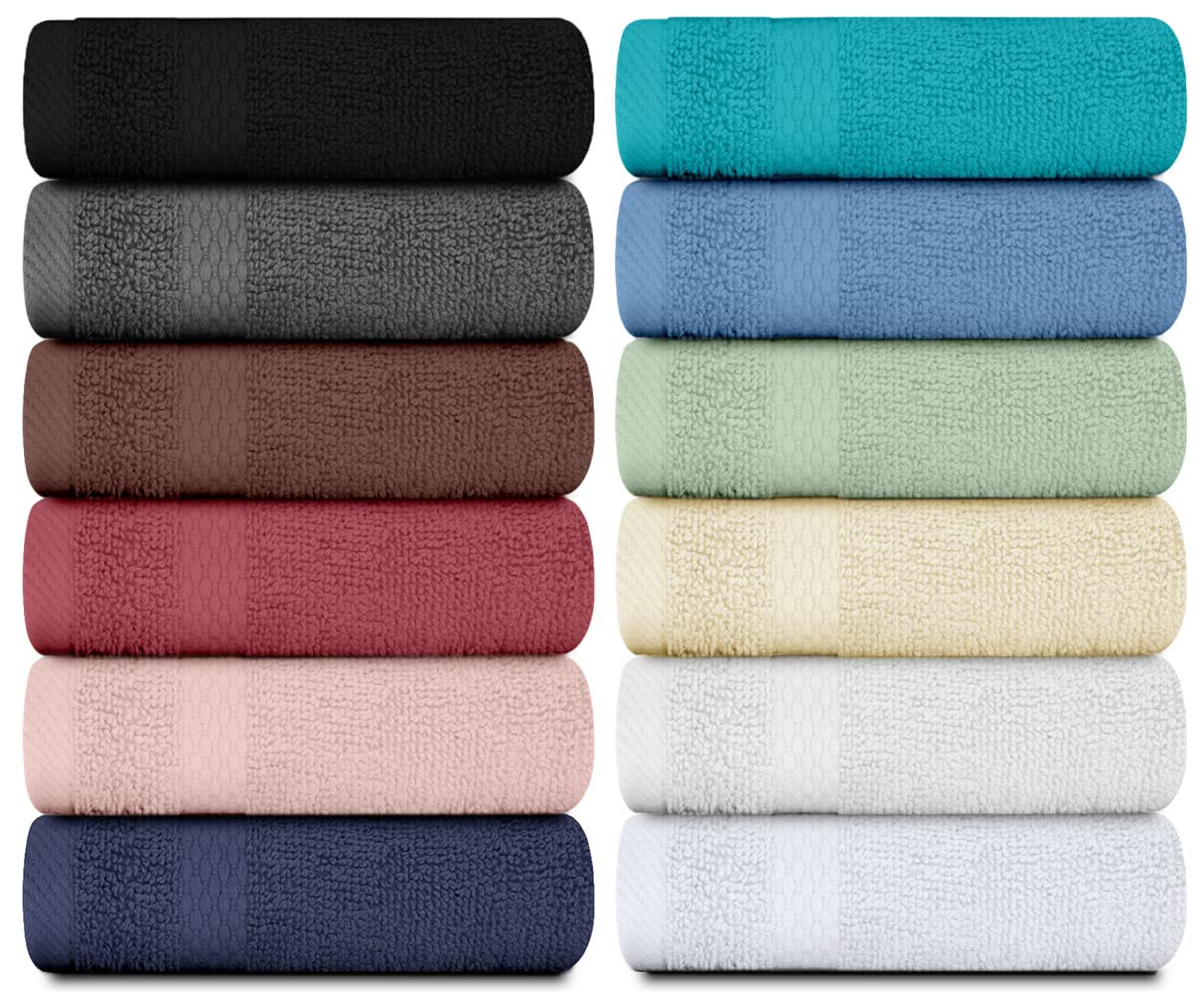 White Classic Luxury Cotton Washcloths 13x13 Inch - 650 GSM Turkish Cotton | Hotel, Spa, Bathroom Face Towel | 12 Pack, Multicolor