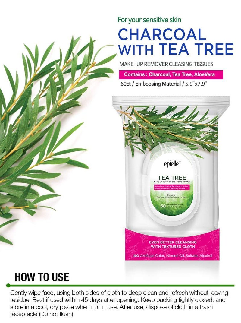 Epielle Tea Tree Makeup Remover Wipes, Gentle Daily Facial Cleanser Towelettes, Remove Dirt, Oil & Waterproof Mascara, Stocking Stuffers, 60 Count (Pack of 2)