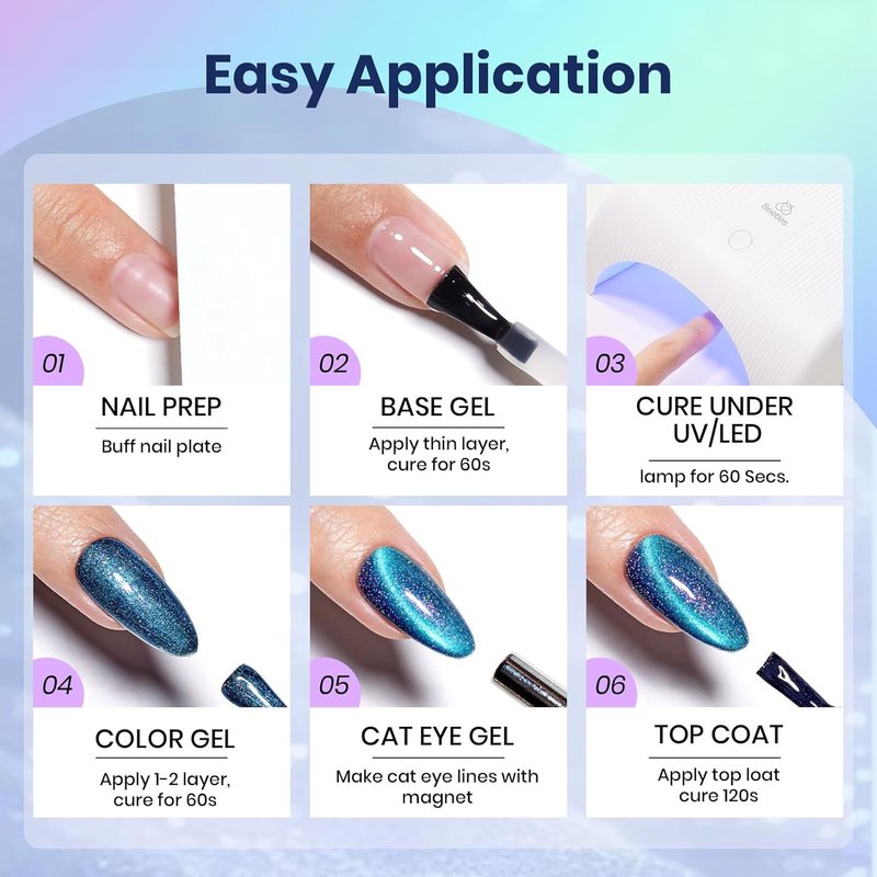 Beetles Cat Eye Gel Nail Polish - 15ML Full Size 9D Cat Eye Chameleon Blue Glitter Gel Polish Magnetic Shimmer Effect Soak Off UV DIY Holo Blue Dream Manicure Gift for Women
