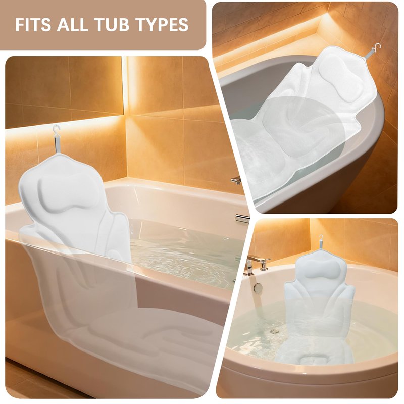 Full Body Bath Pillow for Bathtub - Thick Bathtub Cushion, Bathtub Pillow with 114 Suction Cups, 5D Air Mesh Bath Pillows for Tub Full Body, Head Neck Back Support, White 59 x 20 in