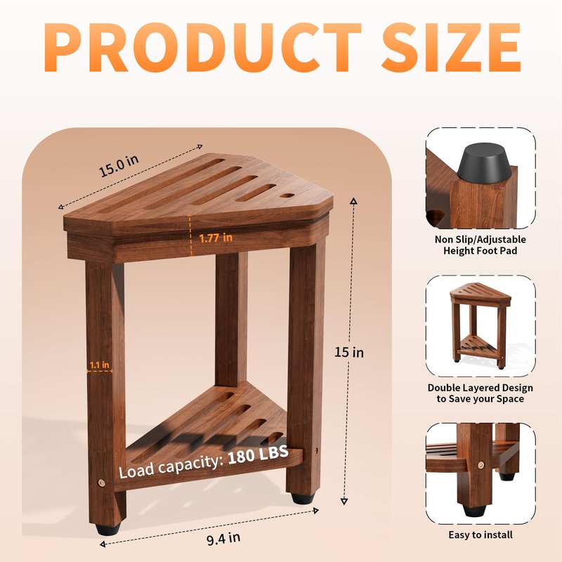 Shower Foot Rest 15 in, Acacia Shower Stool for Shaving Legs,Corner Bath Shower Bench with Starage Shelf for Inside Small Shower Spaces