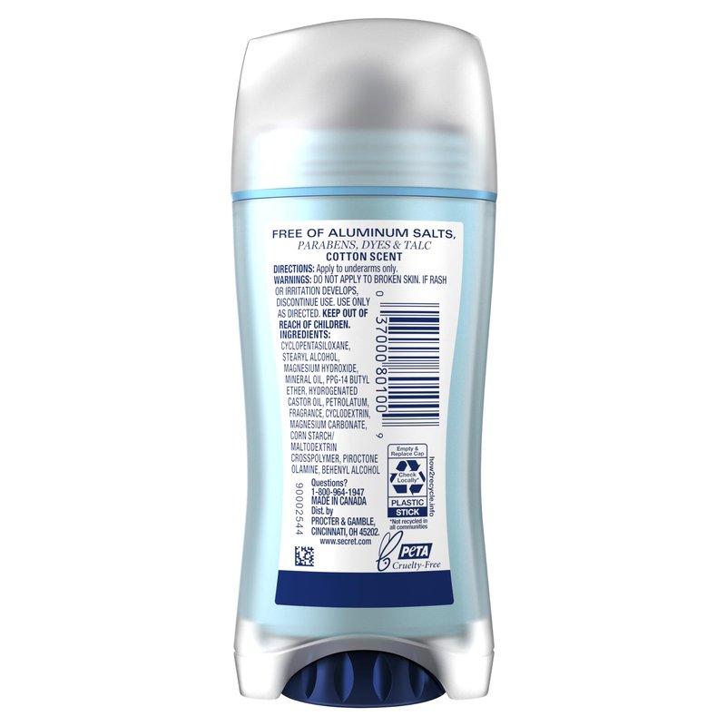 Secret Aluminum Free Deodorant for Women, 48hr Odor Protection, Free of Parabens Dyes Talc & Baking Soda, PH Balancing Minerals, Dry Solid, Cotton Scent, 2.4 oz (Pack of 12)