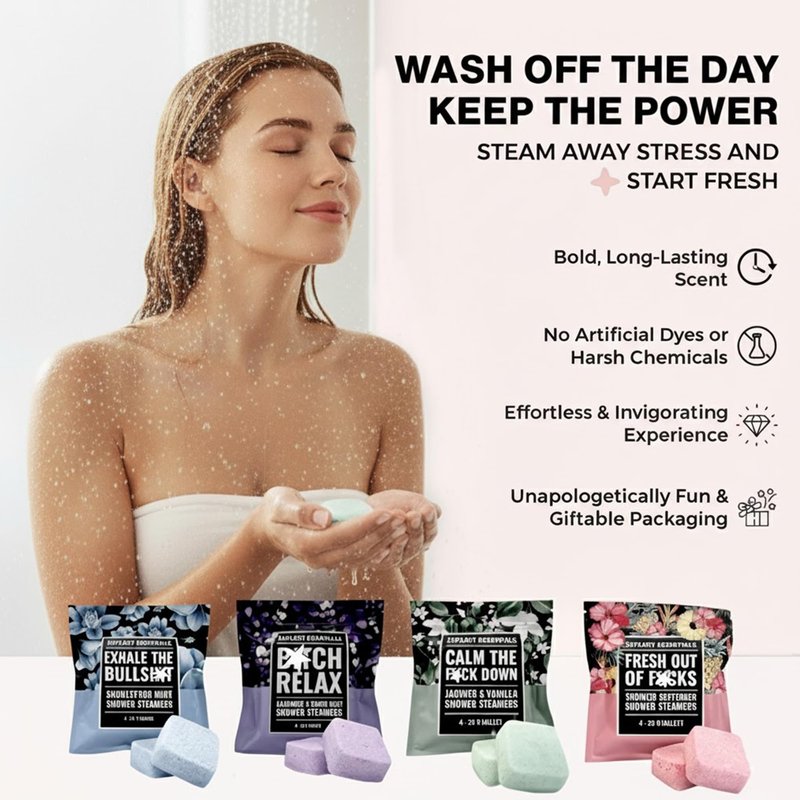 Explicit Essentials Shower Steamers Gift Set | 4 Funny Handmade Aromatherapy Shower Bombs | Relaxation & Stress Relief Spa Gift for Self-Care, Birthdays & Holidays