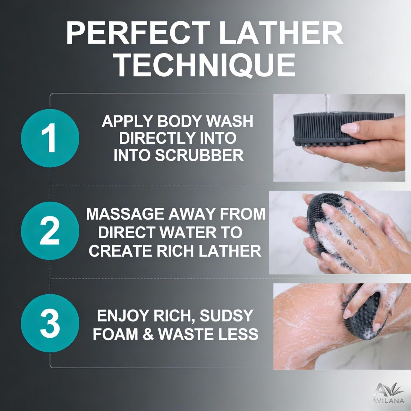 Avilana Premium Silicone Body Scrubber -Trusted Since 2017 - SGS Certified Food Grade Dual Sided Bath Brush, Quick-Dry Exfoliating Loofah Alternative, Massage Brush Sensitive Skin Women Men