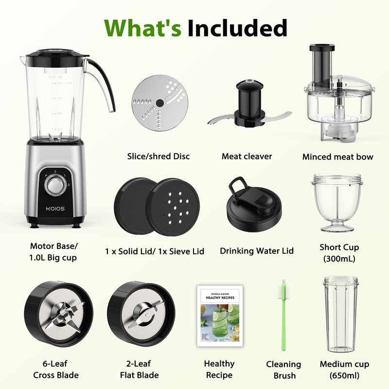 KOIOS Blender & Food Processor Combo - 1000W 4-in-1 Kitchen System | 34oz Pitcher, 22oz Cup, Meat Grinder, BPA Free