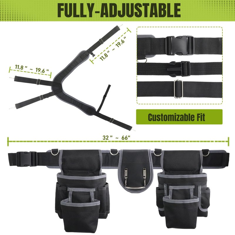 Tool Belt, Tool Belts for Men, 32 to 66 Inches Adjustable Waist, Electrician and Carpenter Tool Belt with Suspenders for Construction and Gardening, Black and Grey