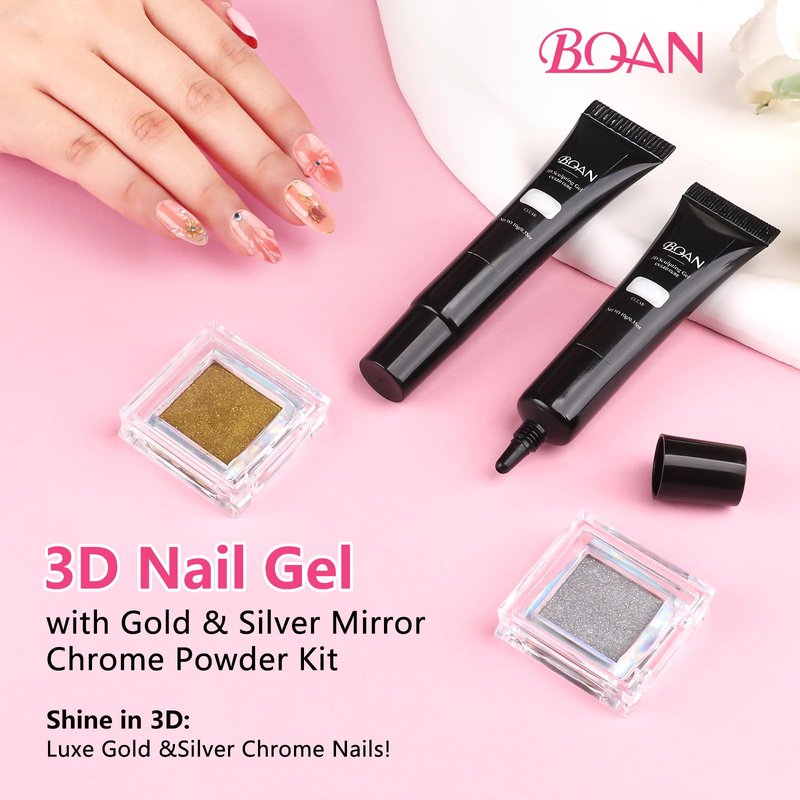 BQAN 3D Nail Sculpting Gel Kit, 2x10g UV Gel No-Wipe Formula with Chrome Powder, Professional Nail Art Gel for Salon DIY Design, Rhinestone Application & Gel Manicure (Clear)