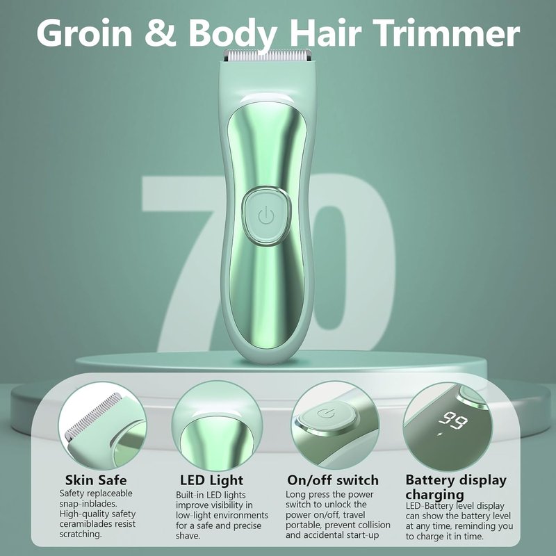 Body Hair Trimmer - Ceramic Blade, Wet & Dry Razor with 3 Guide Combs | LED Display, Travel Lock, Green