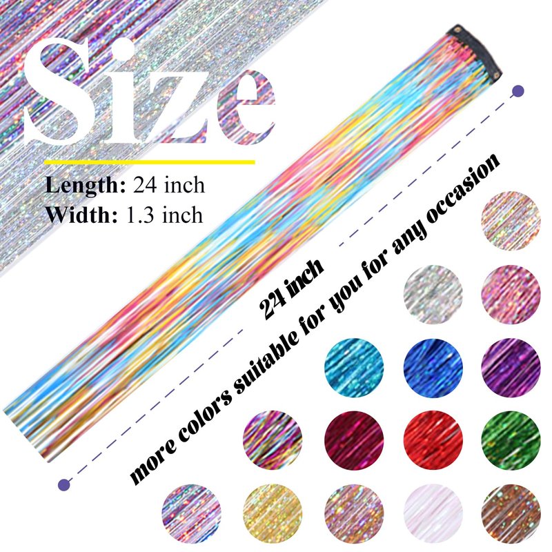 Hair Tinsel Clip in Rainbow Fairy Hair Tinsel Kit, 12 Pcs 24 Inch Glitter Clip in Hair Extensions for Girls Women Kids Christmas New Year Festival Party (Rainbow)