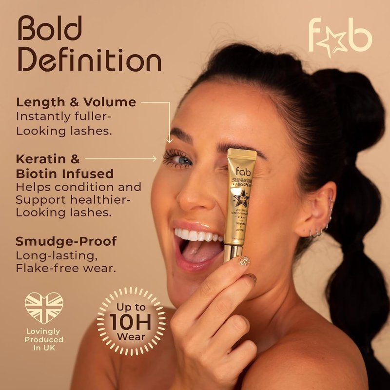Fab Superstar Mascara - Waterproof Volumizing Mascara for Bold Length & Lift | Black, 10ml - Infused with Keratin & Biotin