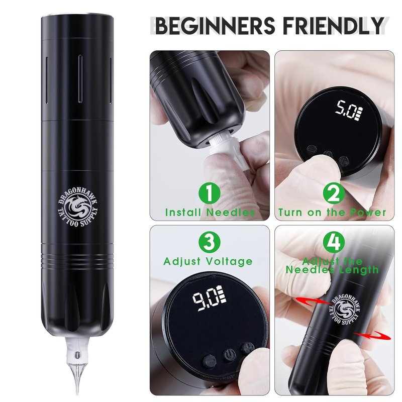 Dragonhawk X3 Pro Wireless Tattoo Gun Kit Cartridge Pen Machine with 2Pcs Replaceable Rca Batteries 20 Pro Needles Complete Beginner Supplies for Practice