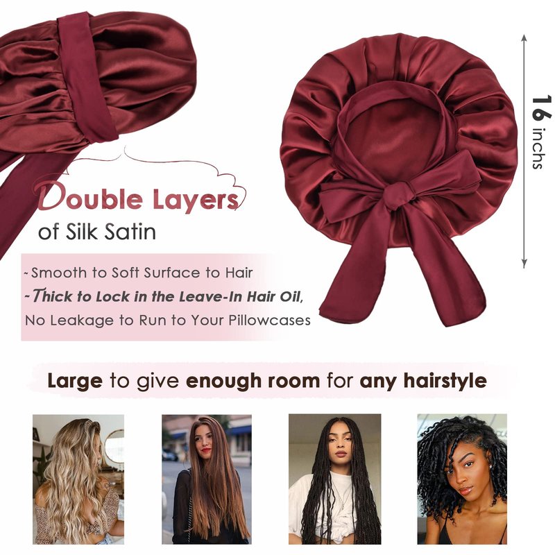 YANIBEST Adjustable Satin Bonnet for Sleeping Women Double Layer Hair Wrap Reduce Friction Prevent Frizz Natural Curly Hair, Burgundy