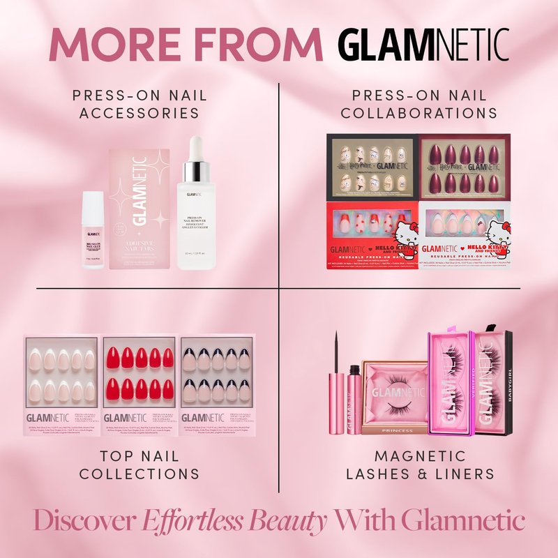 Glamnetic Press On Nails - Ruby Slipper | Deep Red Sparkly Short Almond Fake Nails with a Velvet Finish, Salon Quality | 15 Sizes - 30 Nail Kit with Glue
