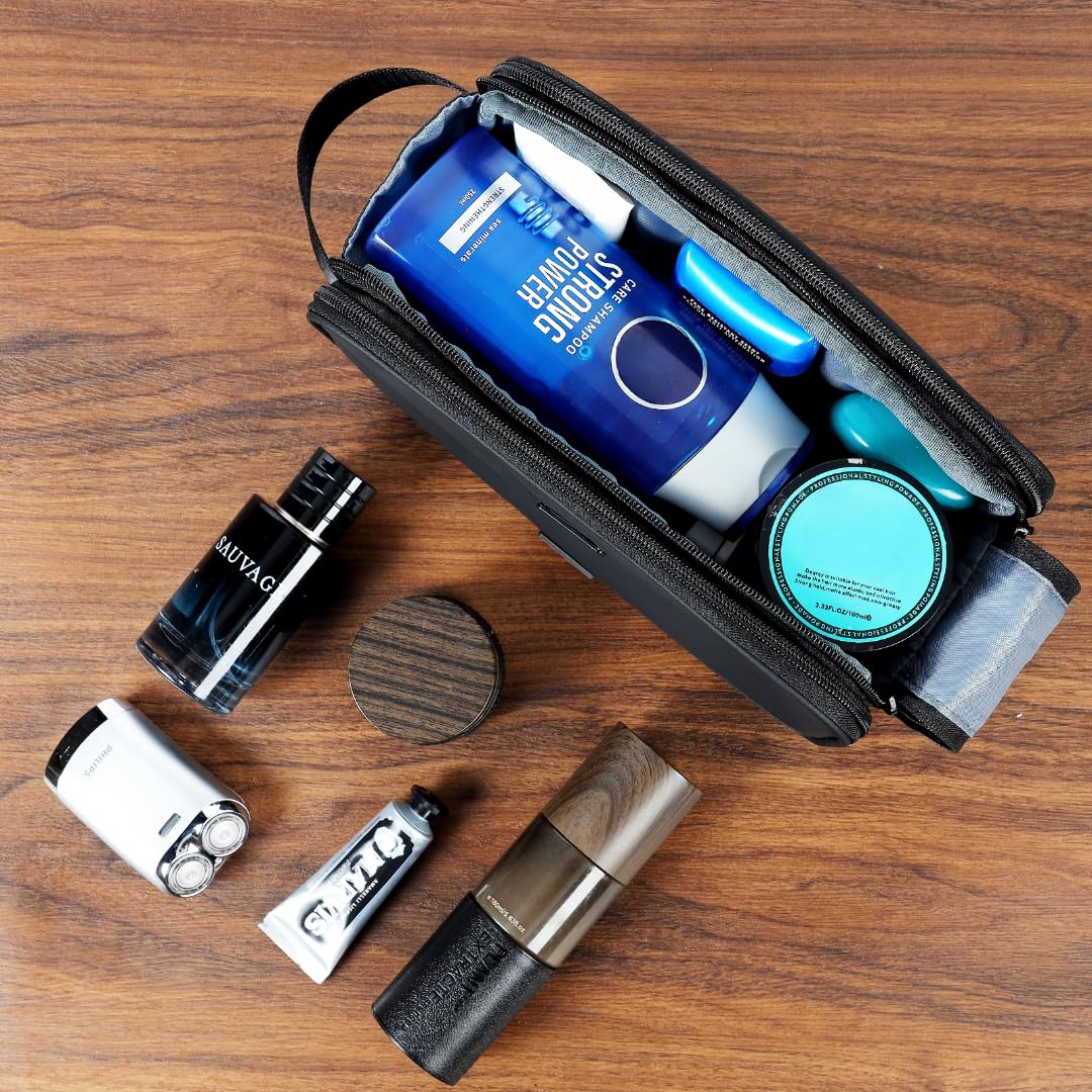 Travel Toiletry Bag for Men - Medium Water-Resistant Dopp Kit | Double-Sided Organizer for Shower & Hygiene Accessories - Black