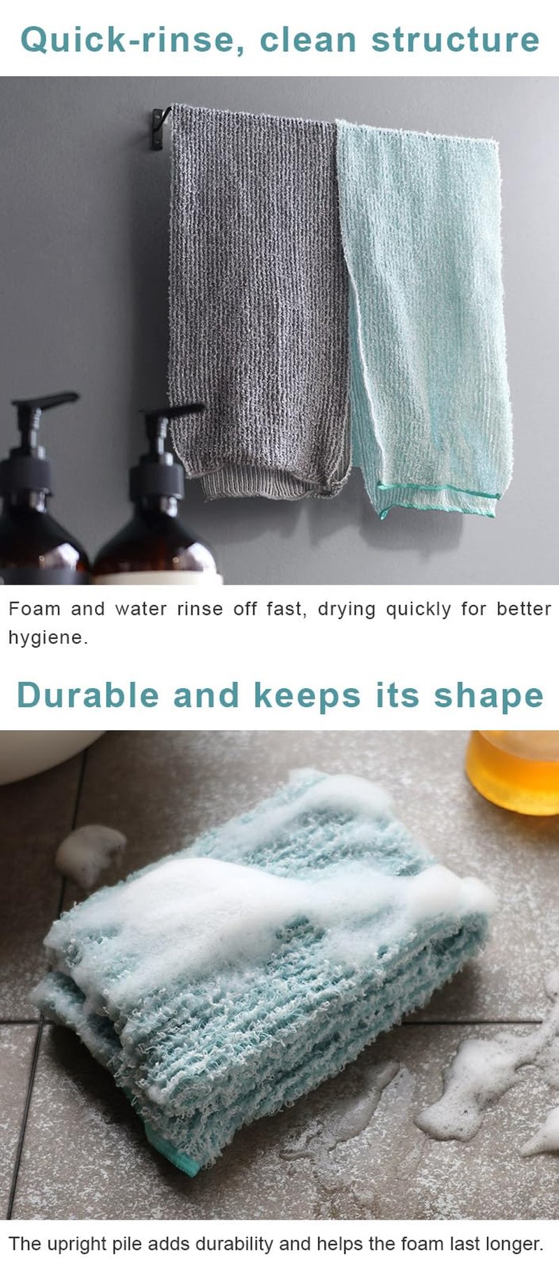 HIORIE Exfoliating Shower Towel – Firm Texture Body Towel for Rich, Luxurious Lather - Gray - Made in Japan