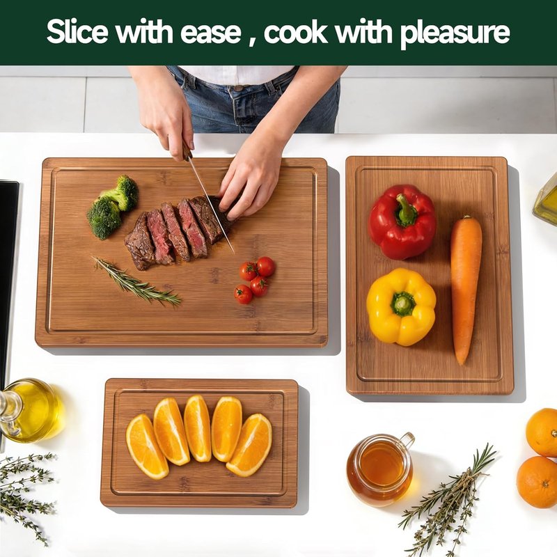 Bamboo Cutting Board Set - 3-Piece Crack-Resistant Chopping Boards with Juice Grooves | Pre-Oiled Butcher Block for Meat, Veggies & Cheese