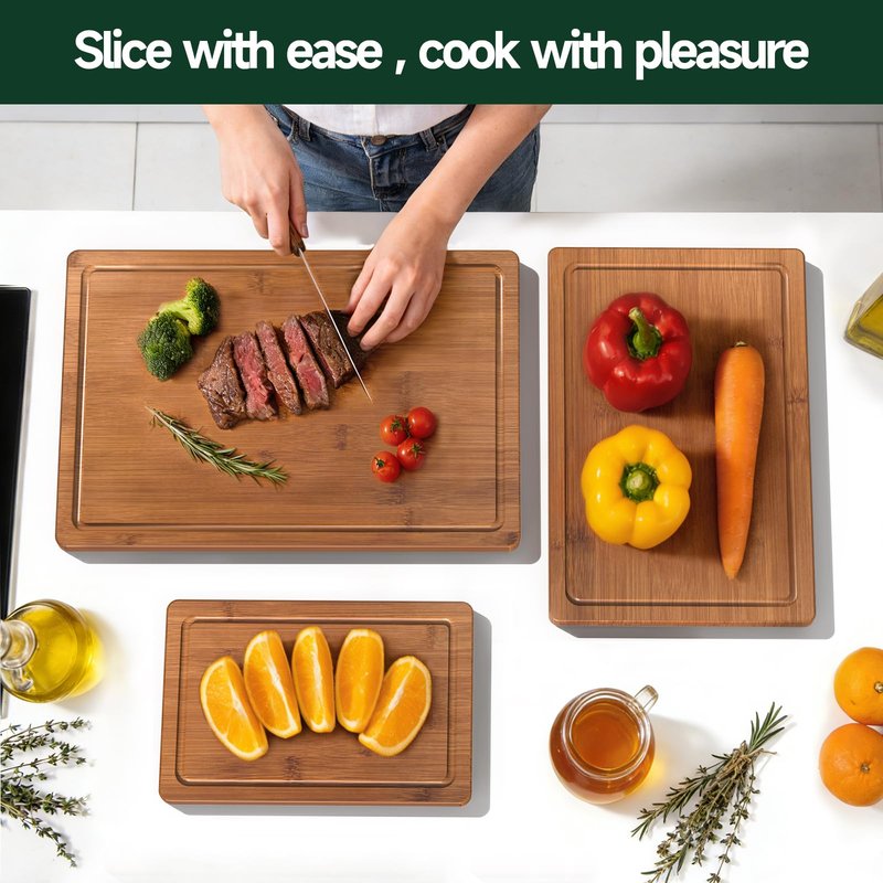Zeawec 3-Piece Set Bamboo Cutting Board for Kitchen - Crack-Resistant Wood Chopping Boards with Deep Juice Grooves, Pre-Oiled Butcher Block for Meat, Vegetables & Cheese, Carbonized