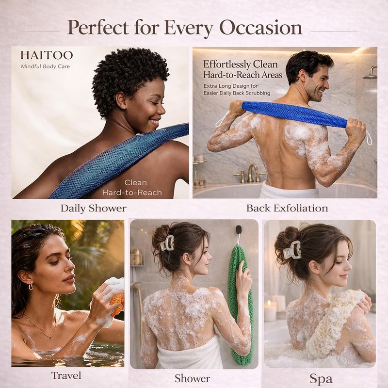 African Net Sponge Authentic, 3 Pcs Exfoliating Net Sponge for Bath, 45 Inch Long Stretch Back Scrubber for Women and Men, Exfoliating Shower Scrubber (Brown+Blue+Gold, 3 Packs)