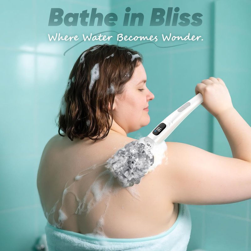 Electric Body Brush Back Scrubber for Shower, Waterproof Long Handle Power Body Scrubber with 3 Heads & 2 Speeds, Rechargeable Bath Brush for Cleansing, Exfoliating, Massaging and Foot Callus Remover