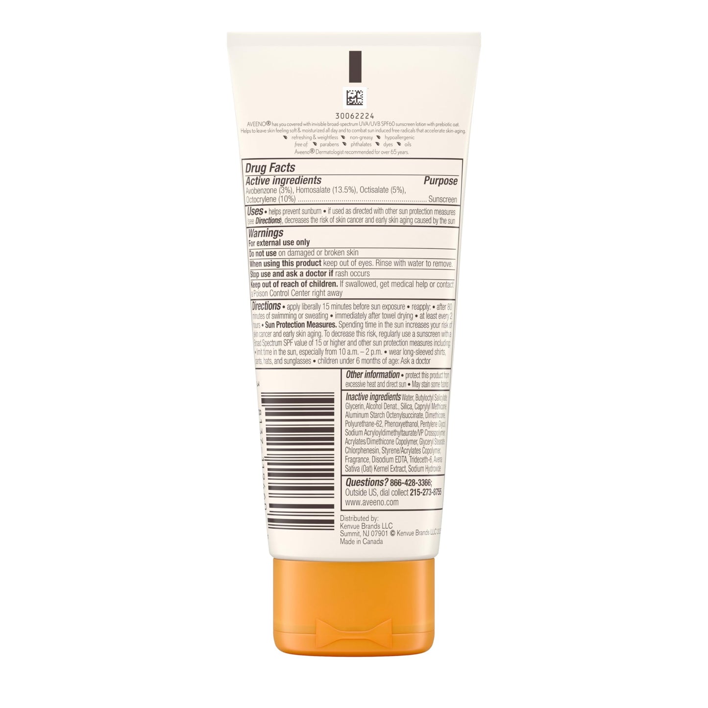 Aveeno Protect + Hydrate Moisturizing Body Sunscreen Lotion with Broad Spectrum SPF 60 & Prebiotic Oat, Weightless & Refreshing Feel, Paraben-Free, Oil-Free, Oxybenzone-Free, 3.0 fl. oz