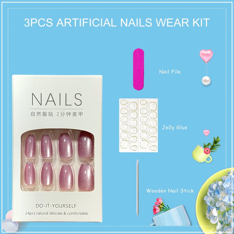 Pink Cat Eye Press-On Nails - Medium Coffin Glossy Glitter Full Cover | 24 Pcs Reusable Acrylic for Women
