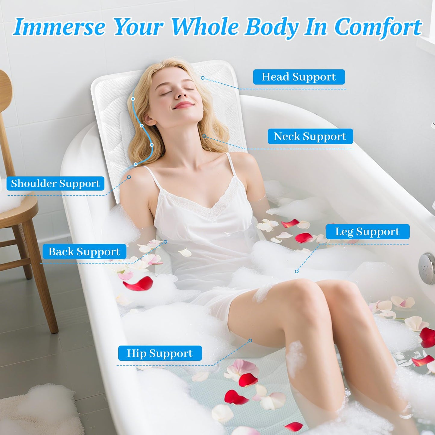 TranquilRelax Bath Pillow for Tub with Laundry Bag & 17 Non-Slip Suction Cups, Extra Thick and Soft Bathtub Pillow for Head, Neck & Shoulder Support, 56" x 16" White