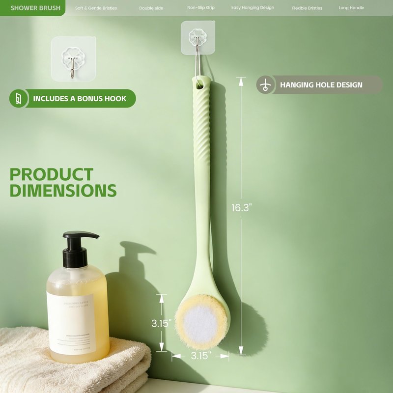 CYMPHW Back Scrubber for Shower with Long Handle, Dual-Sided Bath Brush with Soft Bristles & 150D Exfoliating Cloth, Anti-Slip Grip, Lightweight Back Washer for Shower, Men & Women (Green)