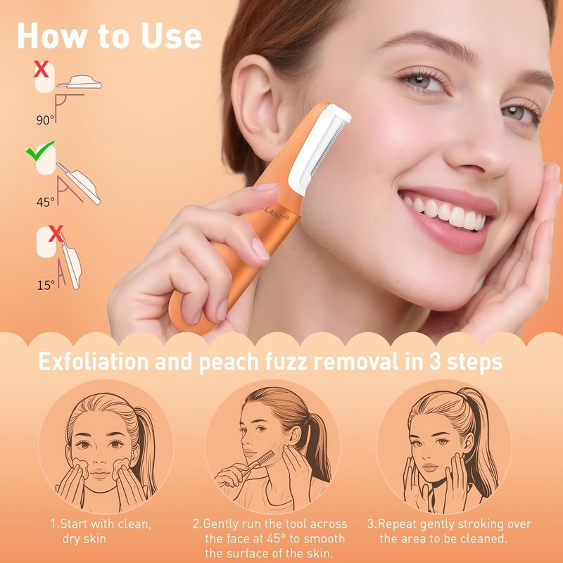Dermaplane Razor for Women - Sonic Exfoliation Tool for Peach Fuzz & Hair Removal | 10 Blades, Cosmic Orange