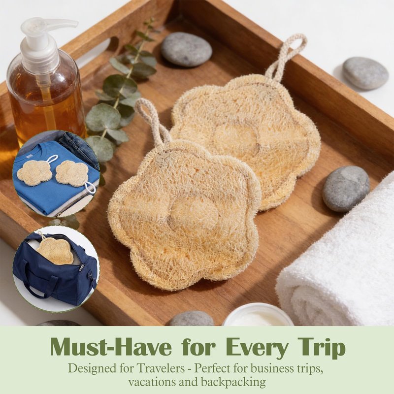 Shimmeroo 2PCS Travel Loofah Mini Natural Bath Body Scrubber, Sunflower Exfoliating Loofah Washcloth Sponge for Women Men Deep Cleansing Face Back Shower, Travel-Friendly Bath