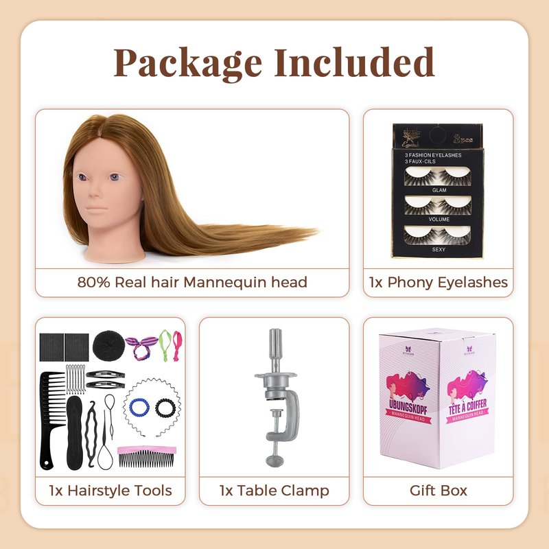 Mannequin Head 80% Human Hair with Tripod Stand,28 Inch Make up Cosmetology Manikin Practice Doll Head,Braiding Hairdressing Head with Table Clamp + DIY Hair Styling Set