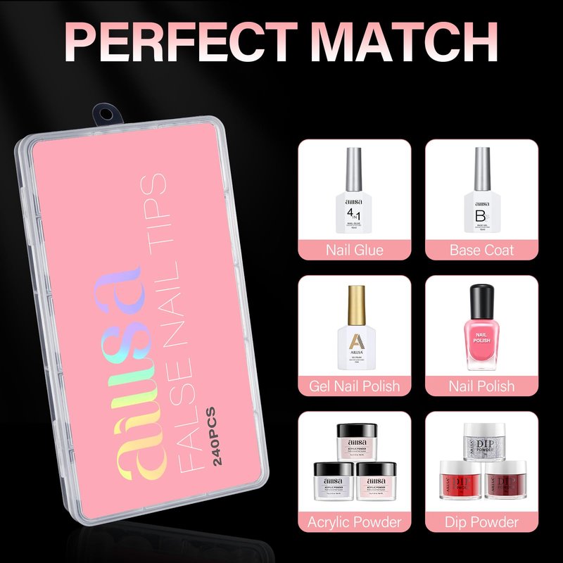 AILLSA Extra Short Coffin Nail Tips 15 Sizes Options Gel Nails Tips Full Cover Matte Prefiled Coffin Nails Tip Clear Soft Fake Nail Tip 240PCS with Storage Box