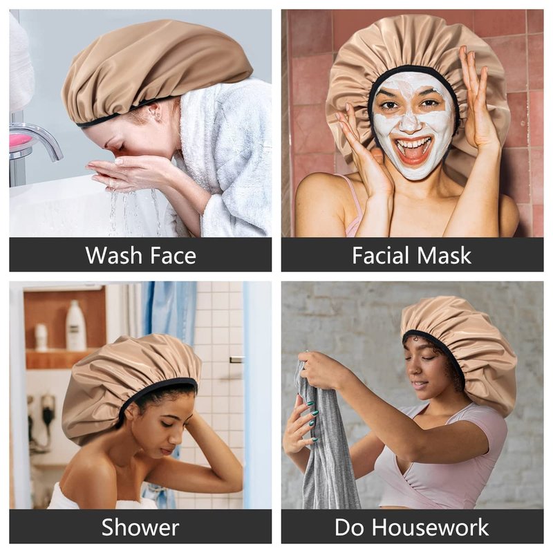 Auban Extra Large Shower Cap for Braids, Double-Layer Waterproof Reusable Satin Lining XL Shower Cap for Women Long Hair, Locs, perms (khaki)