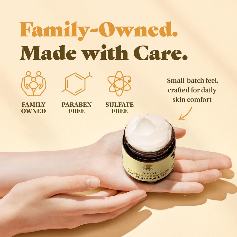 Sunroot Naturals Whipped Tallow Balm, Vanilla Orange Cream Moisturizer, Natural Ingredients, 4oz Glass Jar, Face and Body Care