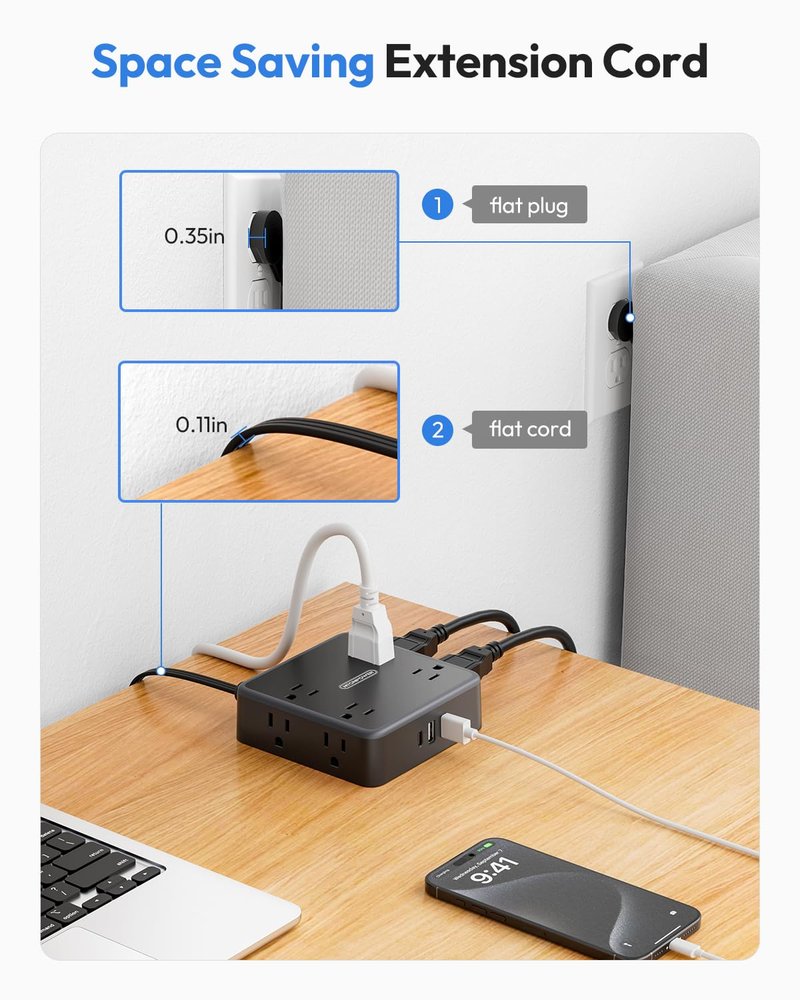 NTONPOWER Black Power Strip, 15 FT Power Strip with 8 Widely Outlets 3 USB Ports, Extension Cord with Mlutiple Outlets for Home, Office, Dresser, Dorm Room