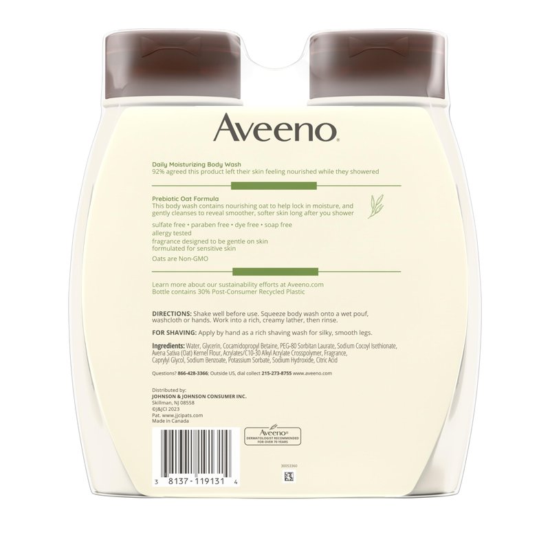 Aveeno Daily Moisturizing Body Wash Cleanser & Shaving Gel for Men & Women, Clean-Rinsing for Softer & Smoother Skin, Gentle & Lightly Scented, 18 fl. Oz, Pack of 2
