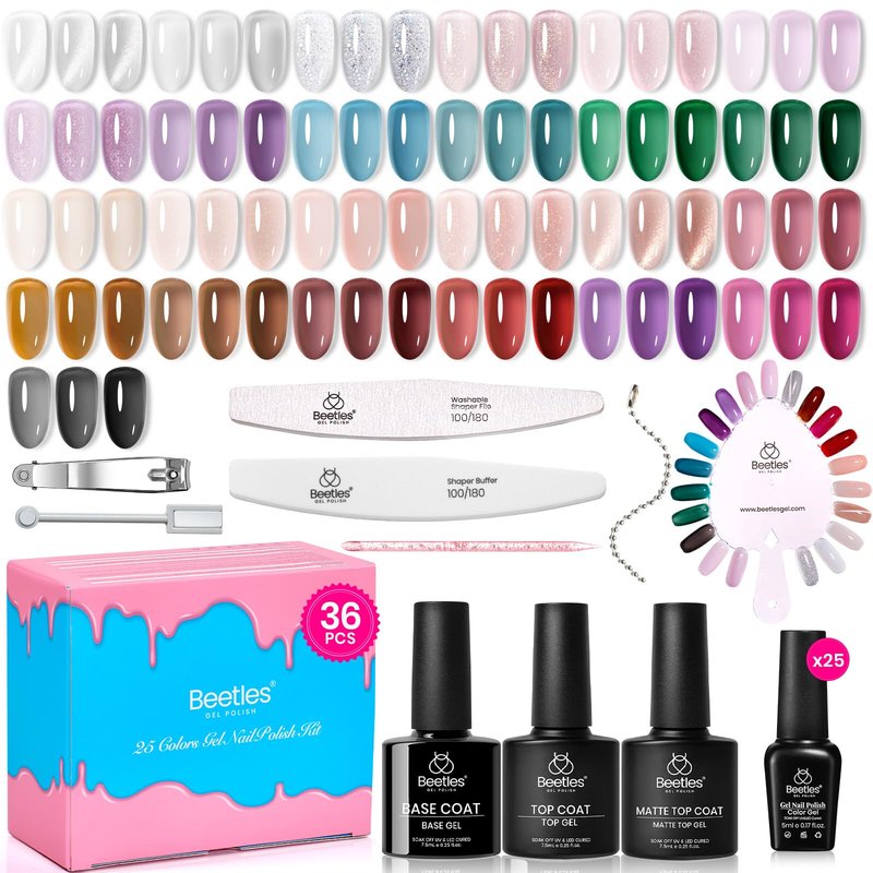 Beetles Deal Box Jelly Gel Nail Polish Set, Summer Pink Milky White Black Green Cat Eye Jelly Veil Gel Polish Set, HEMA-Free TPO-Free Base Top Coat 36 PCS 25 Colors UV LED Needed DIY Salon Home Gifts