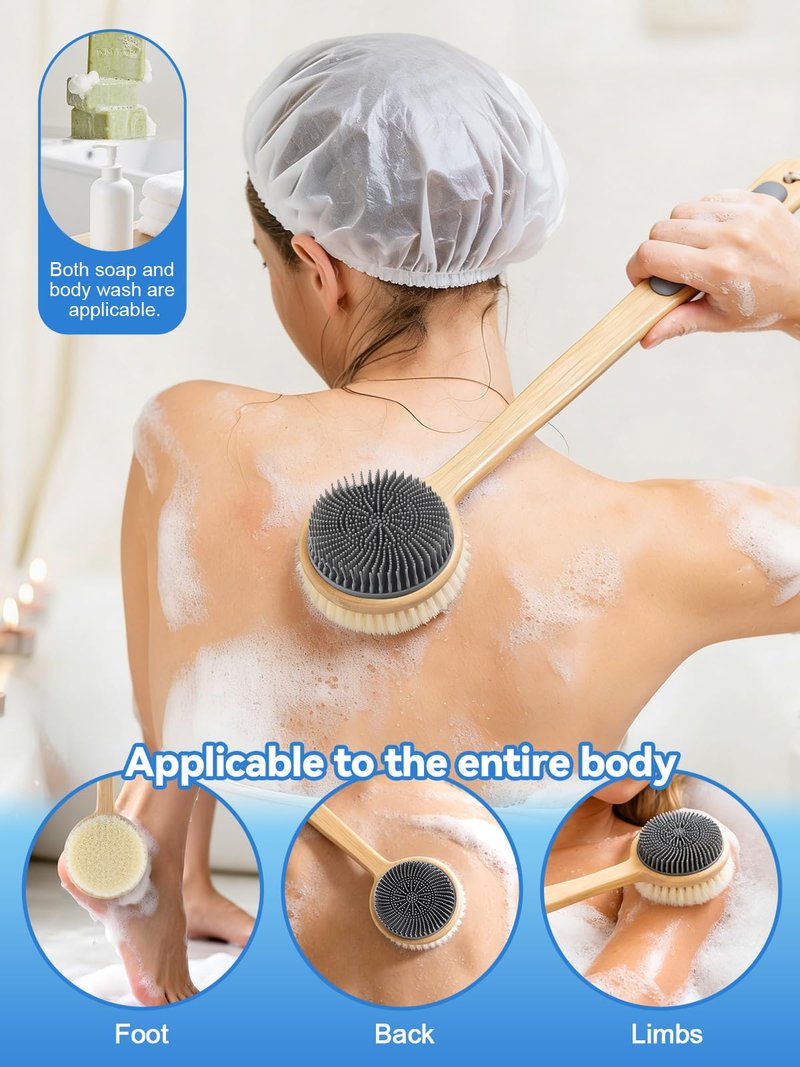 Kalolary Silicone Double-Sided Body Brush with Long Handle, Back Scrubber for Shower Super-Dense Bristles for Deep Cleaning and Massage, Wider Anti-Slip Grip Exfoliator for Wet or Dry Use
