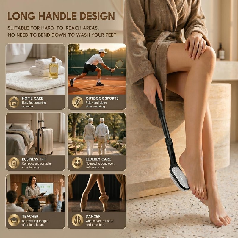Long Handle Foot Scrubber for Shower, Extendable Foot Brush with Foot File 2 in 1 Dual Sided, Back Saving Foot Cleaner Brush for Cleaning Between Toes & Removing Calluses, Foot Care Tool for Seniors